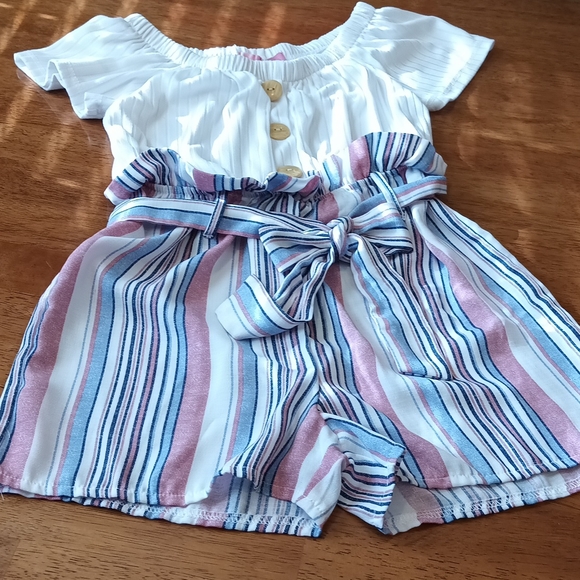 little girls shorts jumpsuit Sz 8 pink /blue striped ruffle elastic waist| Rompe - Picture 5 of 10
